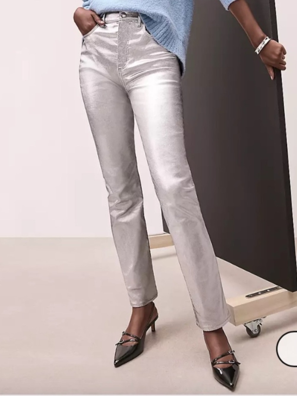 LOFT Silver Metallic Coated High Rise Straight Leg Jeans, Size 14, NWT
